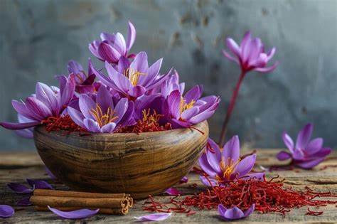 Saffron crocus flowers and threads in wooden bowl
